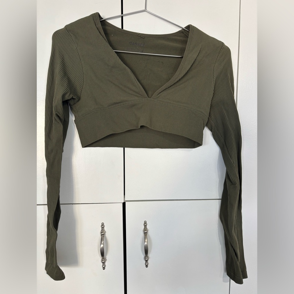 Garage Olive Ribbed V-Neck Long Sleeve Crop Top